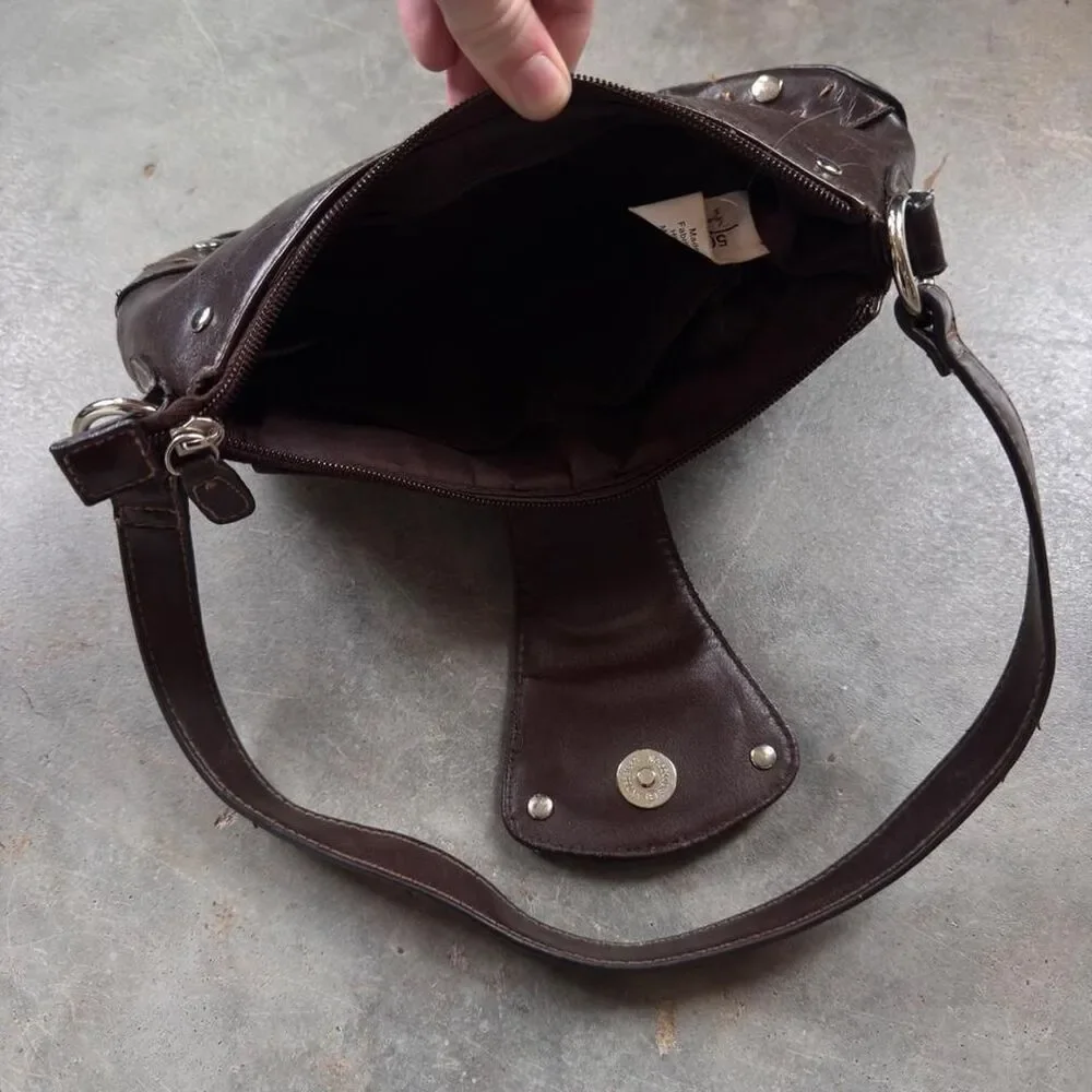 Brown faux leather y2k grunge bag with silver hardware studded details